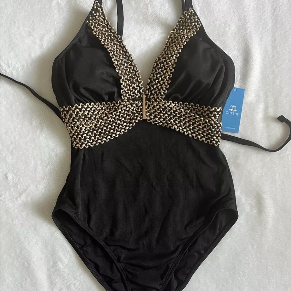 Black and Gold One-Piece Swimsuit Cupshe Size small